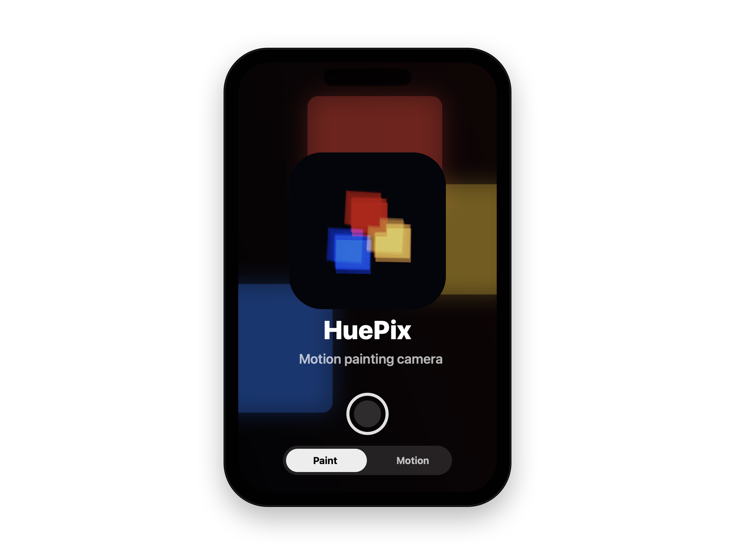 HuePix app icon with red, blue, and yellow motion-painted light blocks